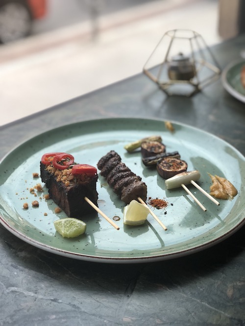 Founder Bar - Mixed Grill - your choice of three skewers.  Pictured from left to right - Pork Belly, Chicken Hearts, Leek & Aubergine